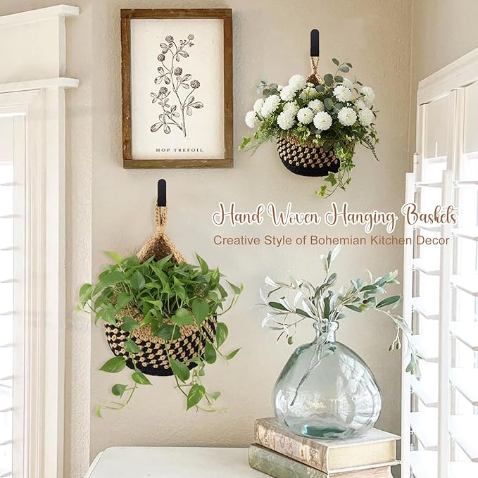 Honeydak Boho Decor Hanging Wall Baskets for Kitchen 3 Pack Teardrop Baskets with Hooks Storage Fruit Onion Vegetable Potato for Home 3 Sizes(Linen with Black,Teardrop,Cotton Rope)