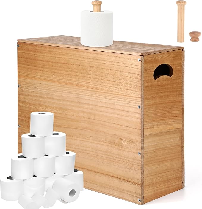 Bokon 32L Wooden Toilet Paper Holder with Lid and Handle, Waterproof and Mildew-Proof- Mega Capacity, Toilet Papers Organizer for Bathroom Standing for 9-12 Rolls Bathroom Accessories(Natural)
