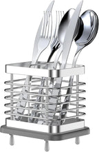 2 Slots Utensil Holder for Kitchen Counter, Small Stainless Steel Cutlery Holder Organizer with Drying Diatomaceous Earth Base, Utensil Drying Rack Spoon Fork Organizer Crock Storage, Sliver