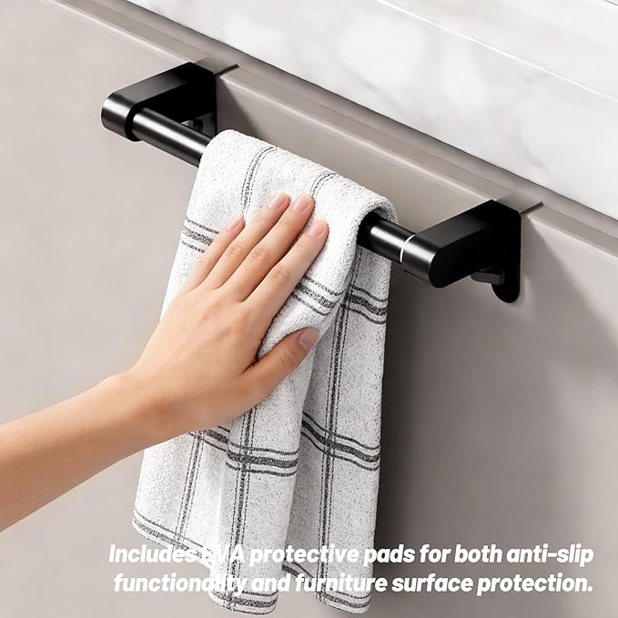VEHHE Kitchen Towel Holder, Hand Screwed Telescopic Kitchen Towel Rack No Tools Required, Adjustable Length and Width Over The Cabinet Door Towel Rack with EVA Foam Pad (Black)