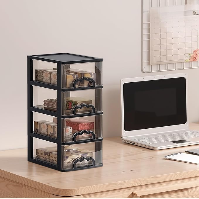 Desktop Organizer with 4 Drawers, Clear Plastic Storage Drawer Unit, Small Desk Organizer Storage Box, Durable Storage Bin Container Case for Countertop Stationery Pens Makeup Office Supplies