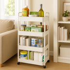 ShellKingdom 4 Tier Bathroom Storage Organizer, Toilet Paper Holder, Slim Rolling Storage Cart for Narrow Space with Handle, Mobile Shelving Unit for Bathroom, Kitchen, Laundry (White)