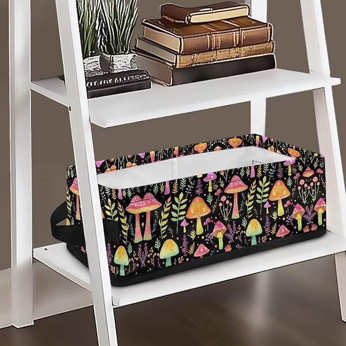 Storage Bins Fabric Storage Baskets Shelves Closet Organization Decorative Versatile Household Organizer Bins for Toilet Paper Rolls Cosmetics, Mushroom Leaves Black
