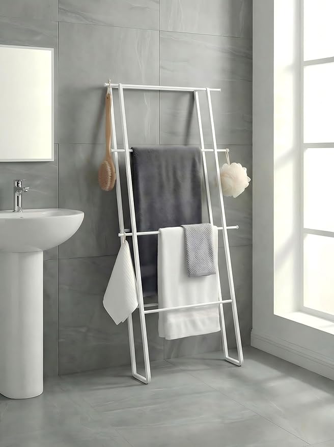 Metal Leaning Ladder Towel Rack, 4-Tier Blanket Stand for Bathroom Living Room, No Drilling Quilt Storage Organizer