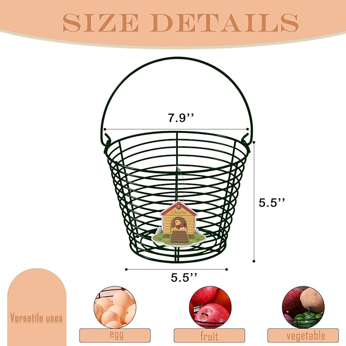 Colorful Metal Mesh Wire Egg Collecting Basket with Handle Portable Garden Vegetable Fruit Storage Lightweight Hanging Collector for Farmhouse Gathering Kitchen Picnic (Green, Normal - 8")