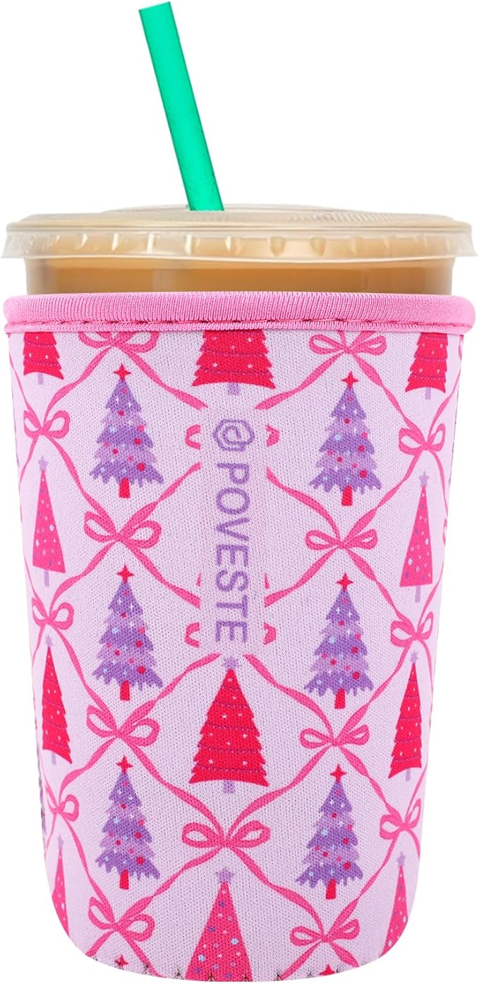 Reusable Neoprene Insulator Sleeve for Iced Coffee & Cold Soda, Coffee Sleeves for Iced & Hot Drinks, Cold Beverage Cooler Compatible with Starbucks, Dunkin (Christmas Tree, Medium: 22-24oz)