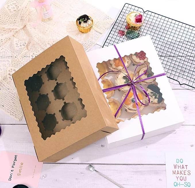 3-Set Cupcake Boxes Bulk with Clear Display Window Hold 12 Standard Cupcakes, Disposable Food Grade Brown Cupcake Carrier Cupcake Container, Perfect for Cupcakes Muffins Cookies Pastries
