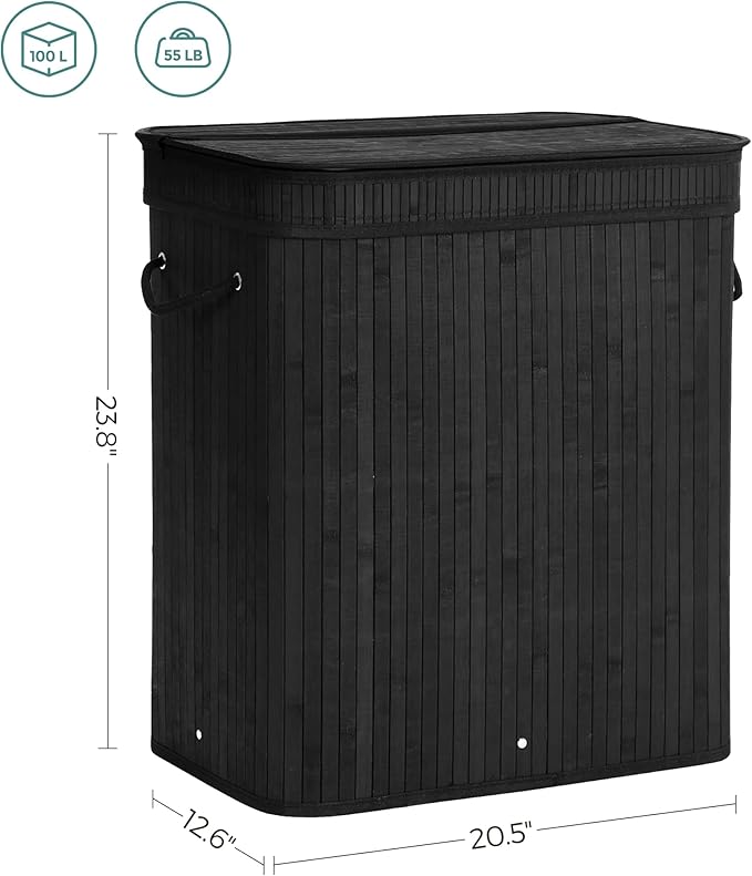 SONGMICS Laundry Hamper with Lid, Bamboo Laundry Basket, Removable Machine Washable Laundry Basket, with Handles, 26.4-Gallons, for Laundry Room, Bedroom, Bathroom, Ink Black ULCB63H