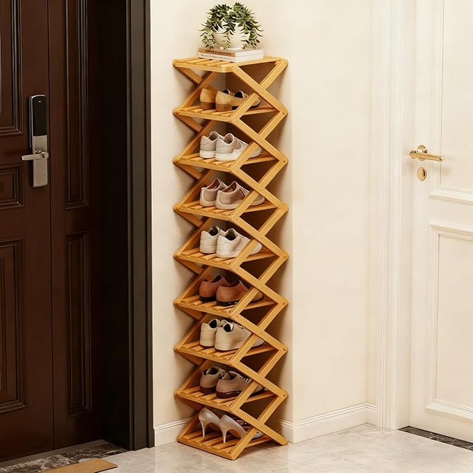 The 9-Tier No-Assembly Bamboo Rack, 2026 Upgraded Foldable Bamboo Shoe Rack, Space-Saving Organizer for Shoes, No Assembly Narrow Shoe Shelf for Entryway Closet Dorm (Nature,5-Tier)