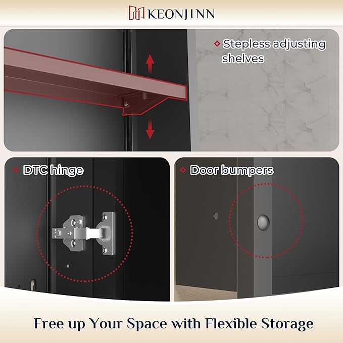 Keonjinn 16" x 24" Black Medicine Cabinets for Bathroom with Mirror Recessed or Surface Wall-Mounted Aluminum Alloy Framed Beveled Mirror, Single Door Metal Bathroom Vanity Mirror with Storage Cabinet
