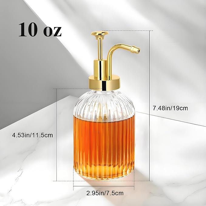 Glass Coffee Syrup Dispenser 10oz, Syrup Bottles with Ribbed Design, Gold Syrup Pump, Coffee Bar Accessories, Honey Dispenser