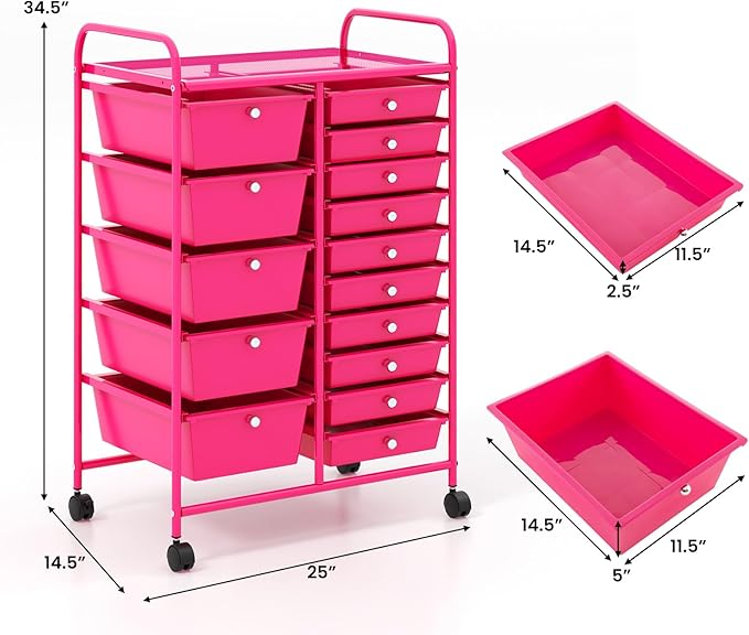 LUARANE Rolling Cart with 15 Drawers, Craft Storage Cart with Portable Handles & Lockable Wheels, Mobile Toys Organizer, Large Capacity Utility Drawer Cart Home Office School Teacher (Hot Pink)