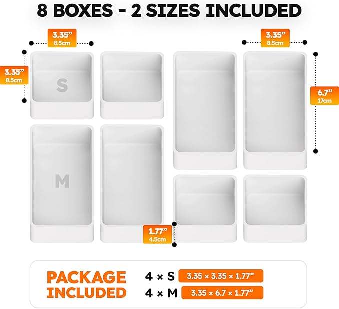 8 Pack Stackable Drawer Organizer Trays, Plastic Shallow Storage Bins for Bathroom Vanity, Desk Drawer, Kitchen, Makeup Organization, White (4M+4S)