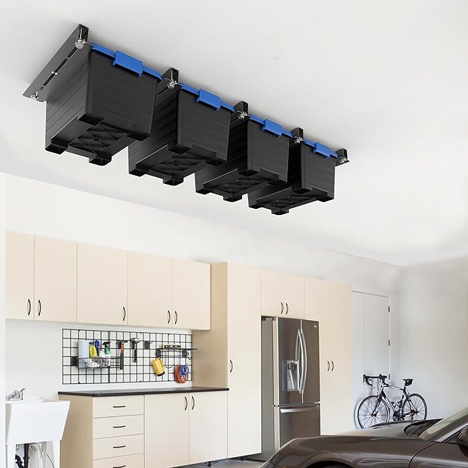 EVERHANGER Ceiling Storage Rack, Heavy Duty Overhead Storage Rack for Garage, Adjustable Ceiling Bin Storage System, 5 Sets for 4 Bins, 16 Inch
