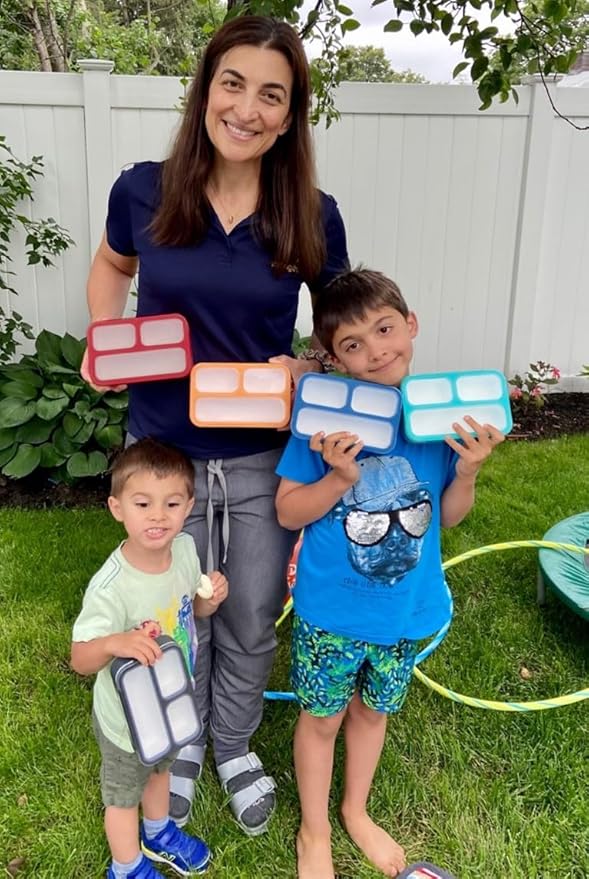 kinsho Small Snack Containers for Kids Toddlers - 3 Compartments (Set of 2) - Leak-proof Reusable Snack Boxes with Lids - BPA-Free Mini Bento Lunch Box - Holds 2 Cups (Pastel Blue + Teal Sparkle)