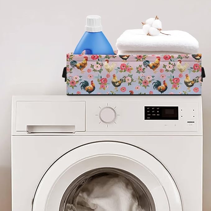Fabric Storage Bin for Organizing Small Household Items Storage Basket Rectangular Toilet Paper Towels Holder for Bathroom Living Room Decor, Chicken Rooster Rose Pink Blue Gradient