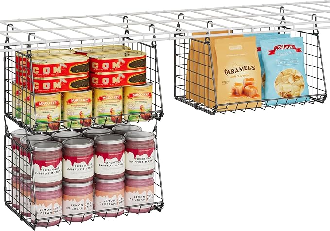 3-Pack Under Shelf Hanging Baskets - Space Saving Pantry Shelf Organizer with 360° Rotating Hooks for Kitchen Storage, Foldable Small Space Solutions for Pantry Utility Closet Garage, Black