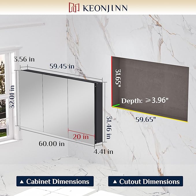 Keonjinn 60 x 32 Inch Medicine Cabinet, Assembly Required, Black Bathroom Medicine Cabinets Mirror, Lightweight, Adjustable Shelves, Surface Mount or Recessed, Tempered Glass