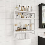 Over The Toilet Storage Bathroom Shelves Wall Mounted 3 Tier Space Saver Corner Shelf Organizer Bamboo Towel Rack Toilet Paper Cabinet with Hanging Rod White