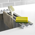 Tomorotec Adjustable Over-The-Sink Kitchen Rack for Dishcloths, Sponges, Bottles and Brushes - Heat-Resistant Stainless Steel with Slim, Expandable Design and Multifunctional Silicone Holder (Marble)