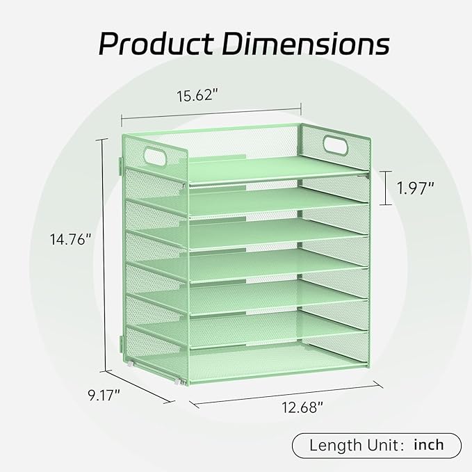 7 Tier Paper Organizer - Mesh Desktop File Holder with Handles for Office School Desk, Black (Mint green)