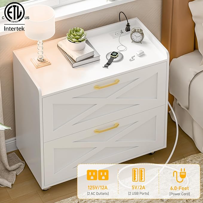 Lateral File Cabinet with Charging Station, Large Mobile Storage Filing Cabinet for Letter/Legal/A4 Size Hanging Files, Rolling Printer Stand with 2 Drawers for Home Office, Simple White