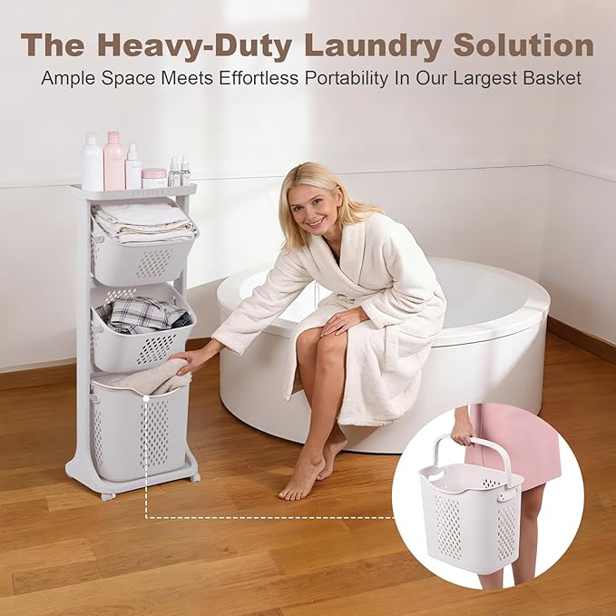 3-Tier Laundry Sorter Cart with Wheels, Large 75L Capacity Hamper Organizer, Rolling Storage with Removable Mesh Bins for Heavy Duty Use in Home, Dorm, Apartment (17.32"x13.1"x42.59")