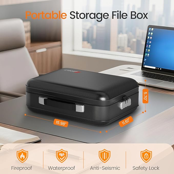 Fireproof Document Box with Lock, 5200°F Fireproof Water Resistant Hard Case File Organizer Safe Box for Important Documents, Certificates, Laptop, Passports (Black)