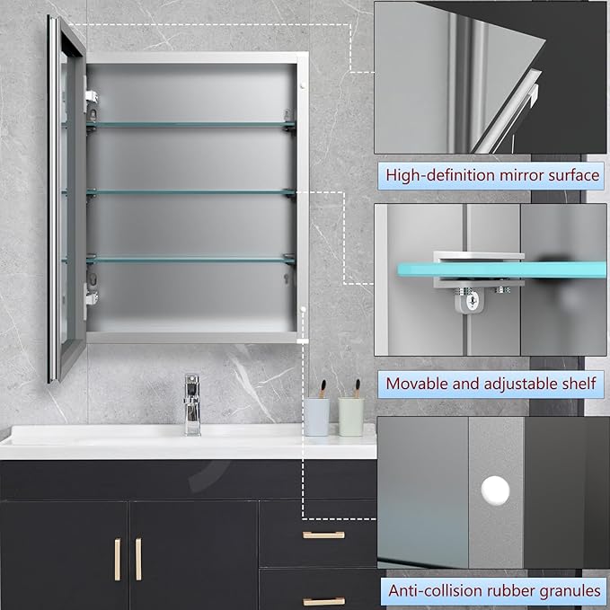 Bathroom Medicine Cabinet with Mirror, 16x20 Inch Small Mirror Cabinet, Assembly Needed, Aluminum Alloy Frame with Mirror, Surface or Recessed Medicine Cabinet with Removable Glass Shelves