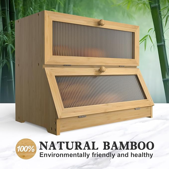 Bamboo Bread Box for Kitchen Countertop, Double Layer Large Bread Storage Container for Homemade Bread with Window & Lid, Bread Keeper Holder,Wood Color