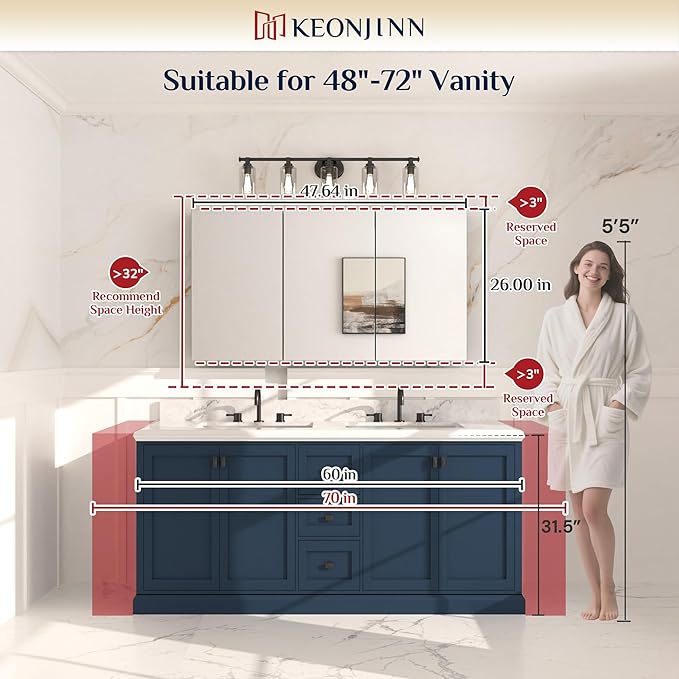 Keonjinn 48 x 26 Inch Medicine Cabinet, Assembly Required, Silver Bathroom Medicine Cabinets Mirror, Lightweight, Adjustable Shelves, Surface Mount or Recessed, Tempered Glass