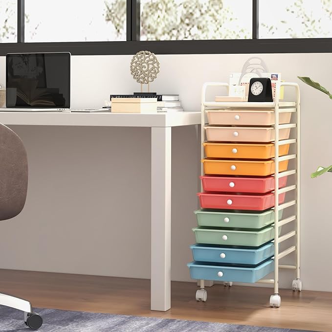 GOFLAME 10-Drawer Rolling Storage Drawer Cart, Utility Cart with Removable Drawers & Metal Frame, Mobile Art Craft Drawer Cart with Lockable Wheels for Home, Office, Studio, School, Macaron Color