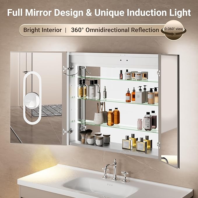 30x32 Lighted Medicine Cabinet Mirror with Magnifying & Night Lamp, 155° Soft-Close Hinge, Surface or Recessed Medicine Cabinet with Lights & Outlet, GFCI,Time Display& Inner Light,Hardwired