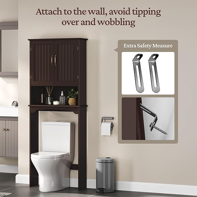 Topeakmart Over The Toilet Storage Cabinet Bathroom Organizer with Adjustable Shelf & Double Doors for Toilet, Home Space-Saving Furniture, L24.5xW9xH66 Inches, Espresso