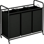 3-Bag Laundry Sorter Cart with Rolling Lockable Wheels, Removable Bags, 32.68 x 15.75 x 33.46 in, Black, Beige and Grey (Black)