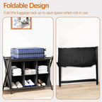 Luggage Rack for Guest Room, Folding Suitcase Stand with 6-Cube Fabric Storage Shelf, Luggage Holder, Steel Foldable Luggage Stand for Guest Room, Bedroom, Hotel, Black