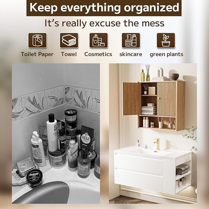 Bathroom Wall Cabinet, Medicine Cabinet with Adjustable Wood Shelf & Doors, Over The Toilet Storage Organizer Wall Mounted Storage Cabinet for Laundry Room, Kitchen, Living Room, Cupboard, OAK
