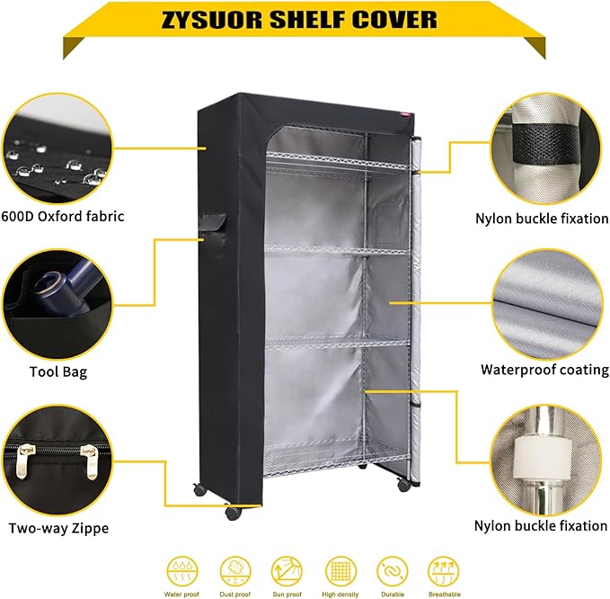 Wire Shelf Cover Storage Rack Cover Dust Protective Heavy-Duty,The Two-Way Zipper Design can be Opened up, Down, or All for Easy Access,36.2" Wx20.5 Dx60 H (No Shelves,Black)