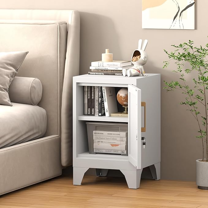 Metal Locker Nightstand, Small Locking Cabinet with Lock and Adjustable Shelf, 23.6''H White Modern Night Stand, Small Side Table, Bedside End Table for Home, Bedroom, Office, Assembly Required
