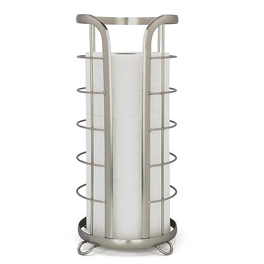 BROOKSTONE Toilet Paper Holder Stand Reserve - Free Standing Toilet Paper Stand with Storage that Holds Mega Rolls, Standing Bathroom Tissue Organizer, Bathroom Decor - Modern Storage Holder, Nickel