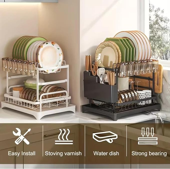 2-Tier Dish Drying Rack - Stainless Steel Dish Racks for Kitchen Counter, Space-Saving Kitchen Counter Organizer with Cutlery/Cup Holders & Draining Tray, Rustproof Multifunctional Drainer (White)