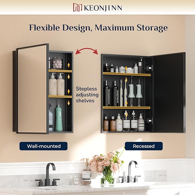 Keonjinn 40” x 30” Black Bathroom Medicine Cabinets with Mirror Recessed or Surface Wall-Mounted Aluminum Alloy Framed Beveled Mirror with Soft Close Hinge, 2 Doors Modern Bathroom Mirror with Storage