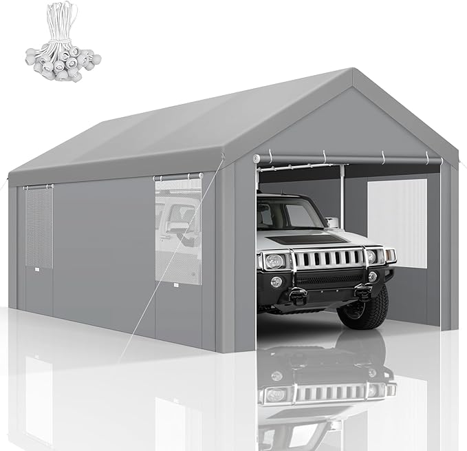 COBIZI 10x20 FT Heavy Duty Carport with Galvanized Frame, Carport Canopy with Roll-up Windows, Storage Tent with Removable Sidewalls & Doors, Built-in Sandbags for Car Boat Truck, Gray