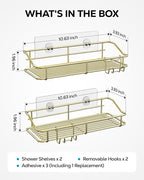 Nieifi Shower Caddy Shelf Storage Rack Adhesive Without Drilling Stainless Steel with Hooks for Washroom, Lavatory, Restroom, Toilet, Bathroom, Kitchen - 2 Pack, Golden