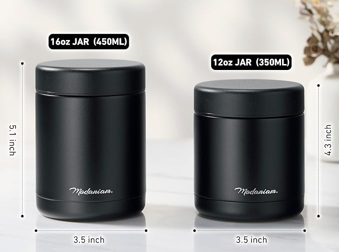 Stainless Steel Insulated Food Jar Set of 2 (16oz + 12oz) | Wide Mouth | Soup Thermo for Hot Food Lunch Container | Thermal LunchBox | Insulated Soup Bowl | Hot and Cold Lunch Box for Adults | Black