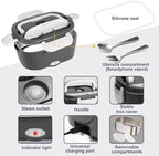 Electric Lunch Box, 12V/24V/110V Portable Food Warmer with SS Fork & Spoon for Car/Truck/Office, 80W Self Heating Lunch Box with 1.5L 304 Stainless Steel Container & 0.45L PP Fruit Box Beige