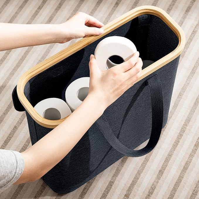 30L Toilet Paper Storage Basket with Lid & Handle, Bamboo Toilet Paper Organizer for Bathroom, Free Standing Toilet Paper Holder Stand for 12-16 Rolls, Bathroom Tissue Storage Bin