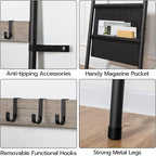 HOOBRO Blanket Ladder, 5 Tier Towel Rack, 17.3" L x 63" H, Wall-Leaning Blanket Rack for Living Room, Decorative Ladder with 4 Hooks and Magazine Pocket, Greige BG32CJ01