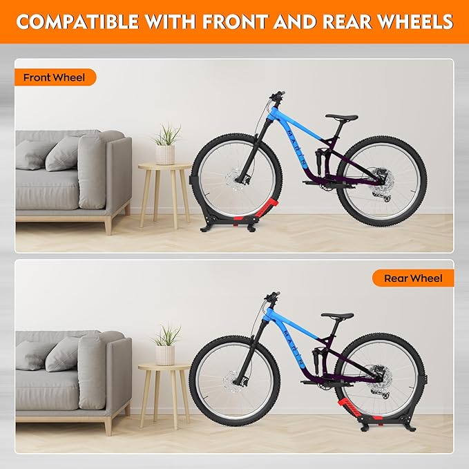 Bike Stand Floor, Portable Bike Storage for Garage - Fit for 24"-29" Bikes, Tire Width up to 3.5", Road & Mountain Bicycle Stand, Front and Rear Wheel Parking Rack - Red