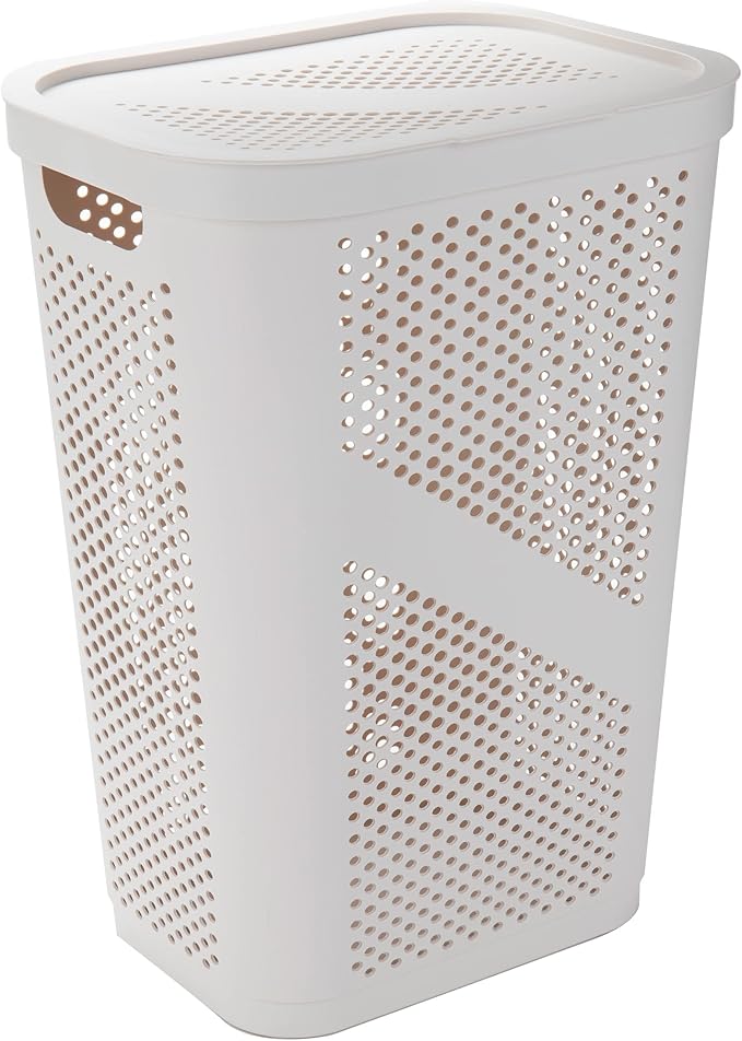 Mind Reader Slim Laundry Hamper with Lid, 60L Clothes Basket, Ventilated Plastic, Ivory